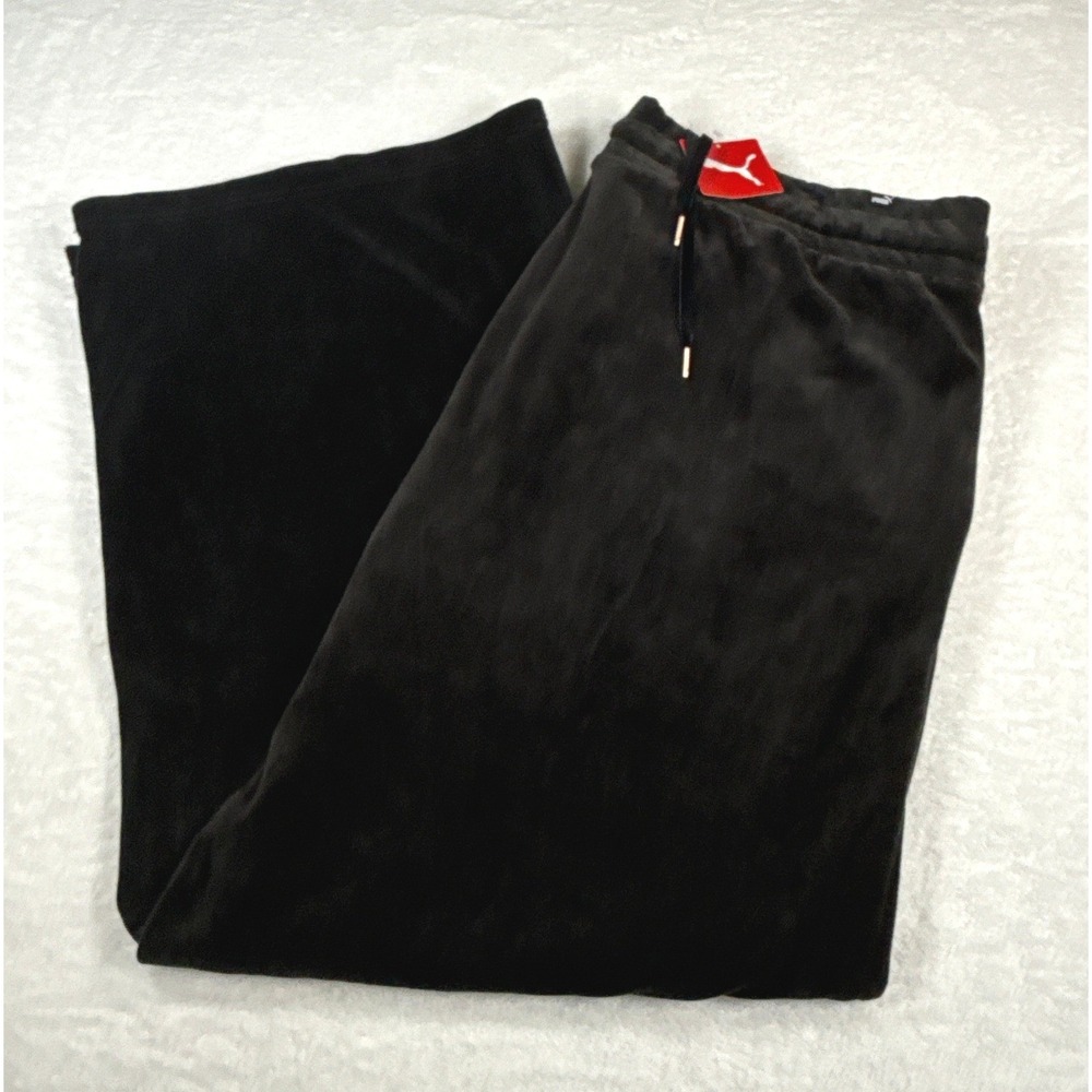 PUMA Womens Velour Wide Leg Pants 3X Black Drawstring NWT